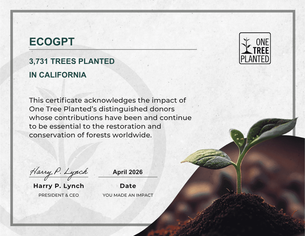 One Tree Planted certificate acknowledging EcoGPT for funding 3,731 trees planted in California in April 2026