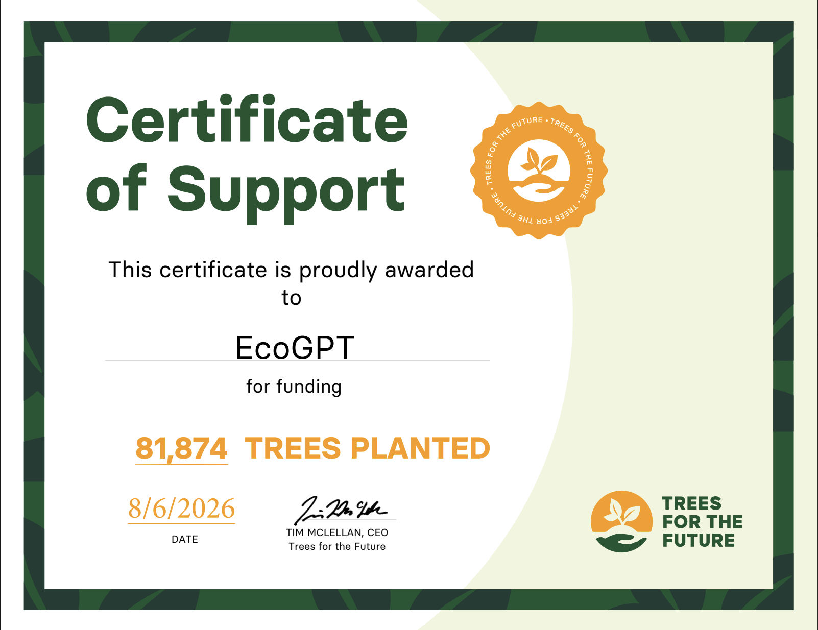 Attached certificates: Trees for the Future · 81,874 trees · Aug 6, 2026